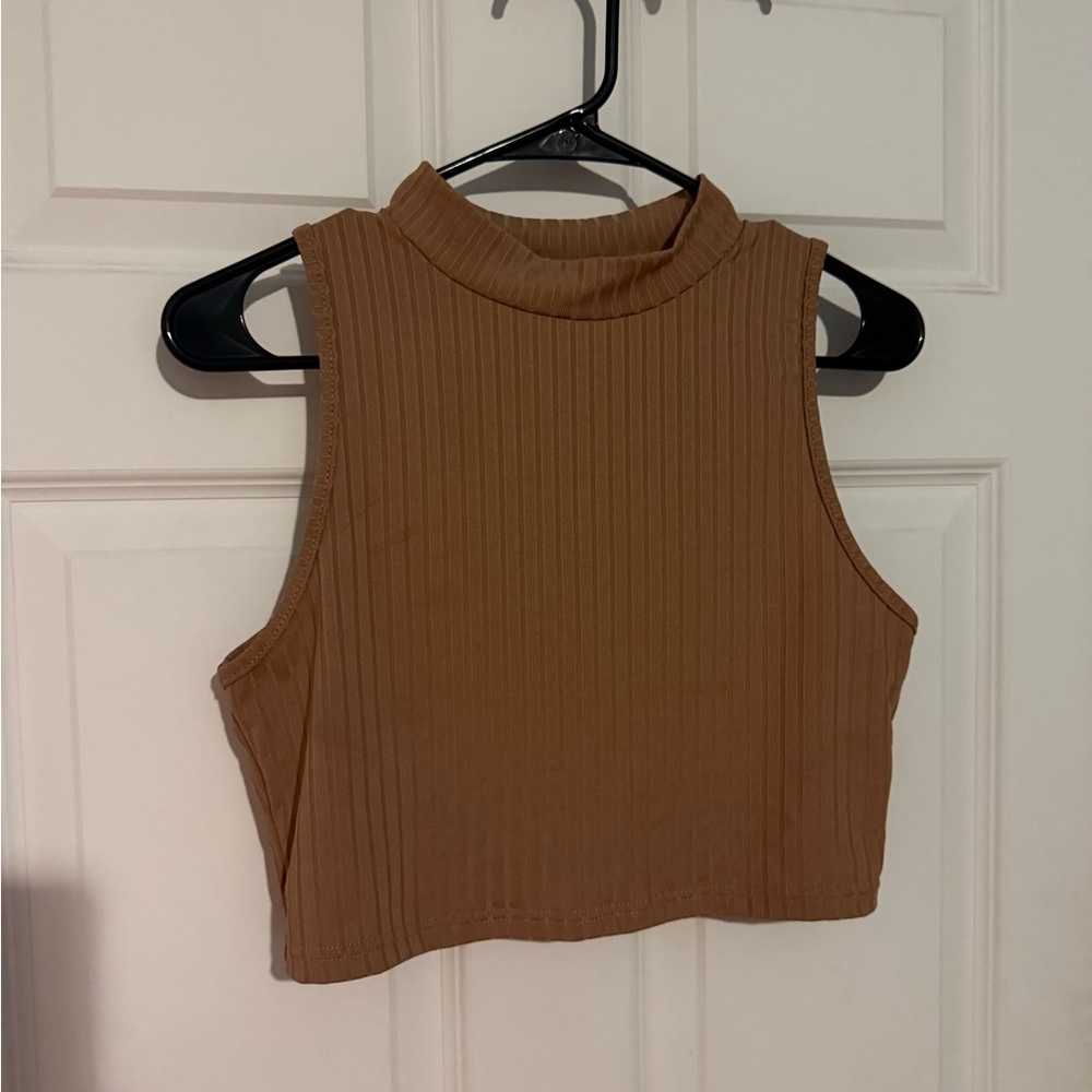 SHEIN Tan Ribbed High Neck Tank Top